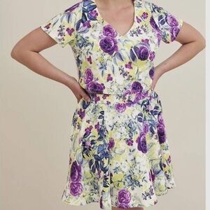 Torrid Purple Floral Matching Crop Top & Mini Circle Skater Skirt SIZE 0X
